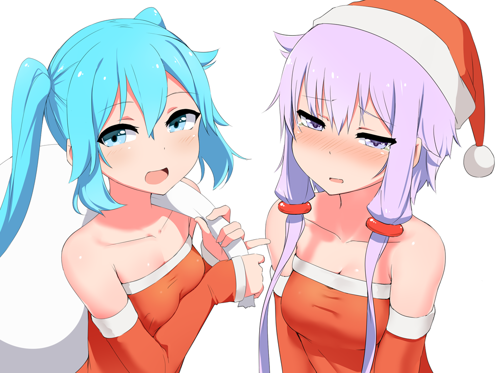 2girls abmayo bare_shoulders blue_eyes blue_hair blush breasts character_request christmas collarbone hat looking_at_viewer low_twintails multiple_girls open_mouth purple_hair sack santa_costume short_hair twintails violet_eyes vocaloid yuzuki_yukari