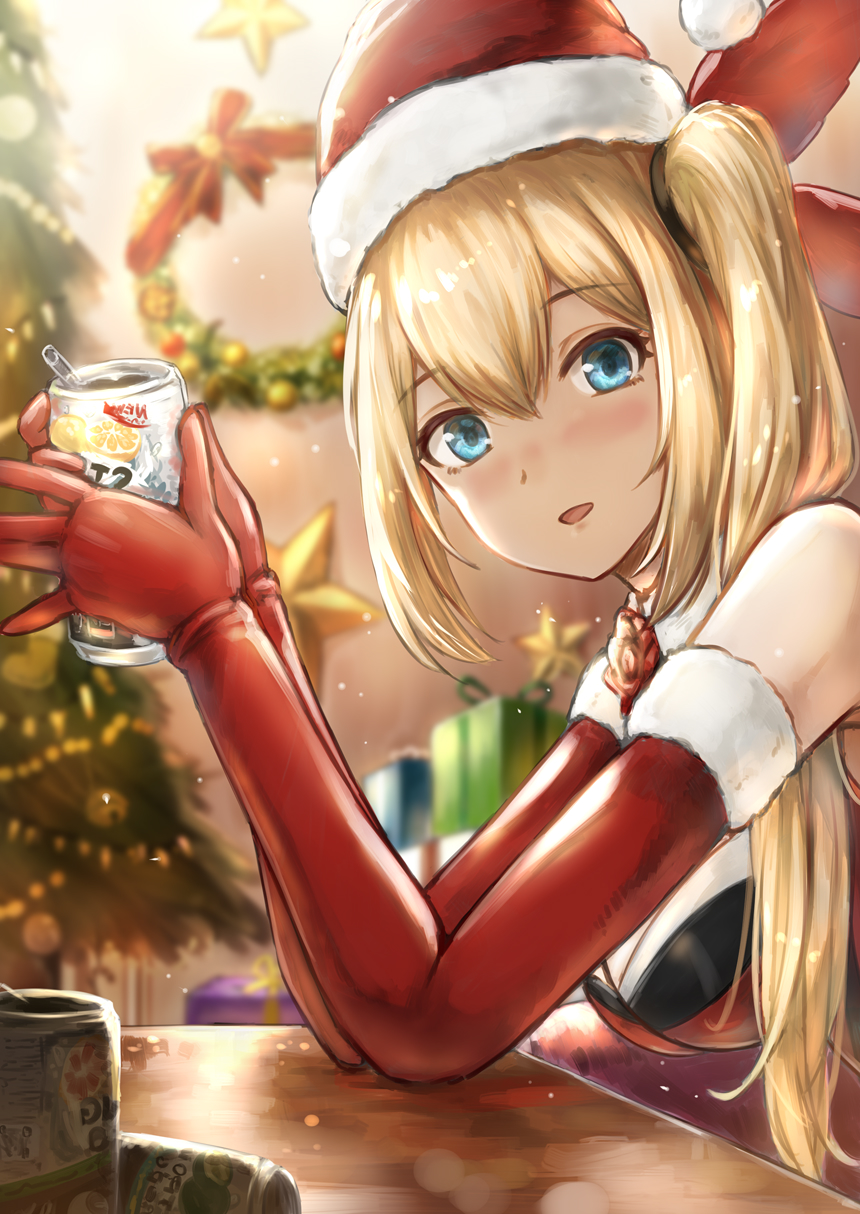 1girl bangs bell blonde_hair blue_eyes blurry box breasts can christmas christmas_ornaments christmas_tree depth_of_field elbow_gloves eyebrows eyebrows_visible_through_hair eyelashes facing_away flower from_side fur_trim gift gift_box gloves gohei_(aoi_yuugure) hair_between_eyes hair_ribbon hair_tie hat highres holding holding_can jingle_bell long_hair looking_at_viewer medium_breasts mirai_akari mirai_akari_project open_mouth red_gloves red_hat red_ribbon red_rose ribbon rose santa_costume santa_hat side_ponytail sidelocks solo star tongue tree upper_body wreath