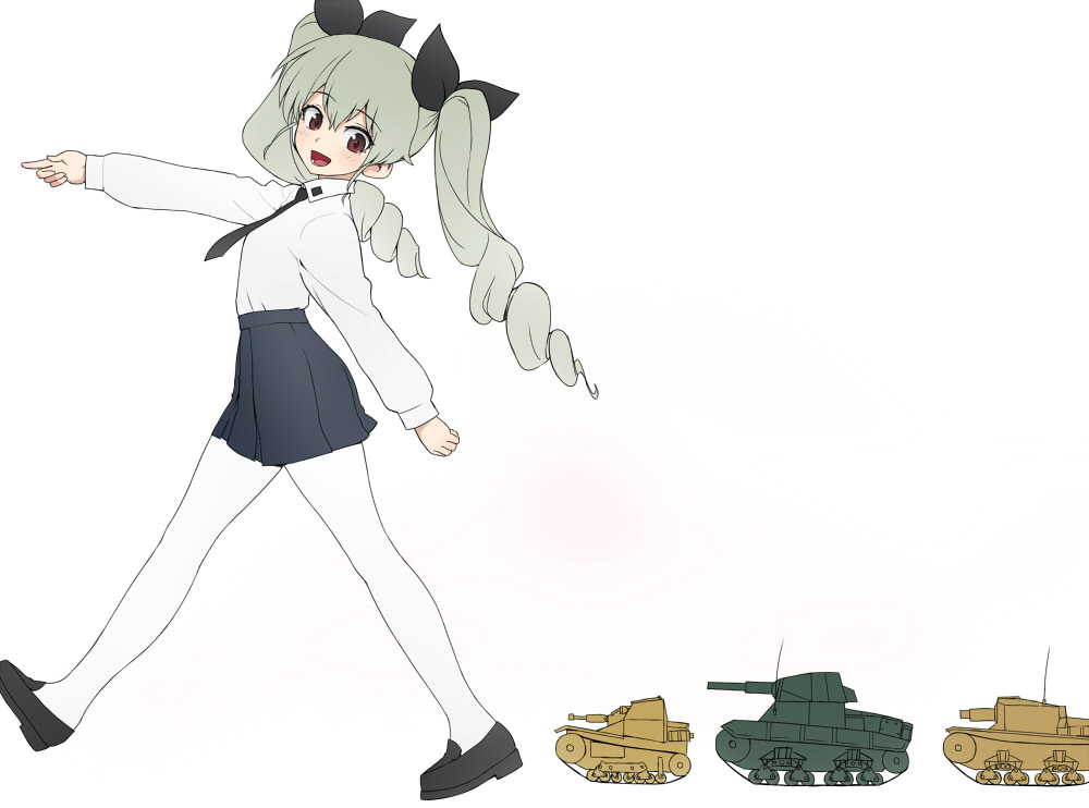 1girl anchovy anzio_school_uniform bangs black_footwear black_neckwear black_skirt carro_armato_p40 carro_veloce_cv-33 dress_shirt drill_hair eyebrows_visible_through_hair from_side full_body girls_und_panzer green_hair ground_vehicle loafers long_hair long_sleeves looking_back military military_vehicle miniskirt motor_vehicle necktie open_mouth pantyhose pleated_skirt red_eyes school_uniform semovente_75/18 shirt shoes skirt smile solo standing tank twin_drills twintails walking wata_do_chinkuru white_legwear white_shirt