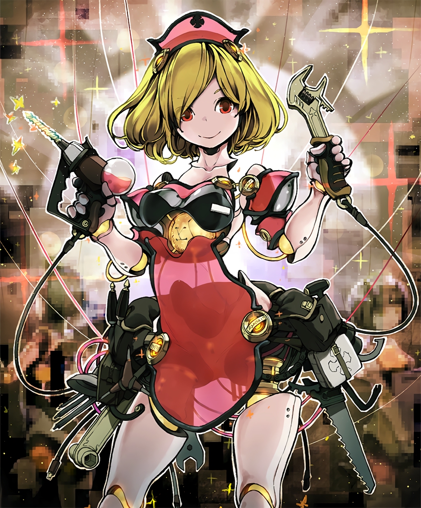 1girl android artist_request blonde_hair cable crowbar cygames drill eyebrows_visible_through_hair eyes_visible_through_hair mechanized_servant medium_hair official_art parts_exposed red_eyes robot_joints saw screwdriver see-through shadowverse shingeki_no_bahamut smile solo tool_belt tools wrench