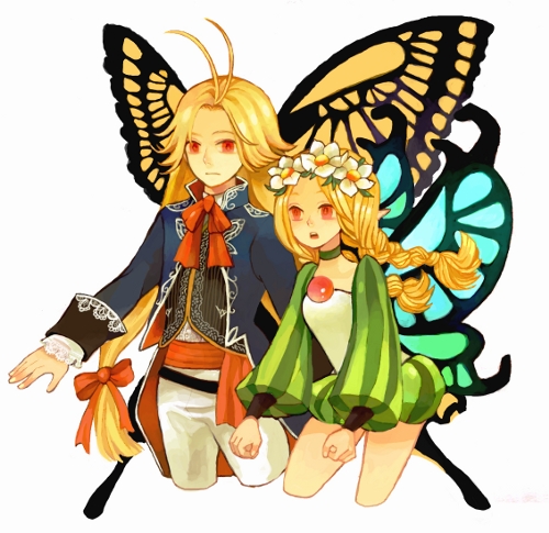 1boy 1girl blonde_hair braid breasts butterfly_wings crossover fairy flower hair_flower hair_ornament i-nhoc long_hair long_sleeves lowres mercedes odin_sphere pointy_ears puffy_sleeves red_eyes saga saga_frontier silence_(saga_frontier) twin_braids twintails wings