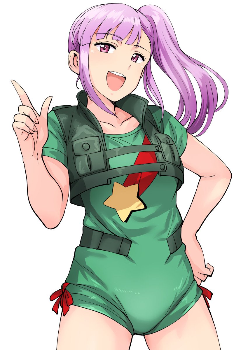 1girl 80s bangs blunt_bangs blunt_ends breasts collarbone commentary eyebrows_visible_through_hair gundam gundam_zz hand_on_hip highres index_finger_raised leotard long_hair oldschool open_mouth ponytail purple_hair ribbon roux_louka side_ponytail simple_background smile solo tsurui vest violet_eyes white_background