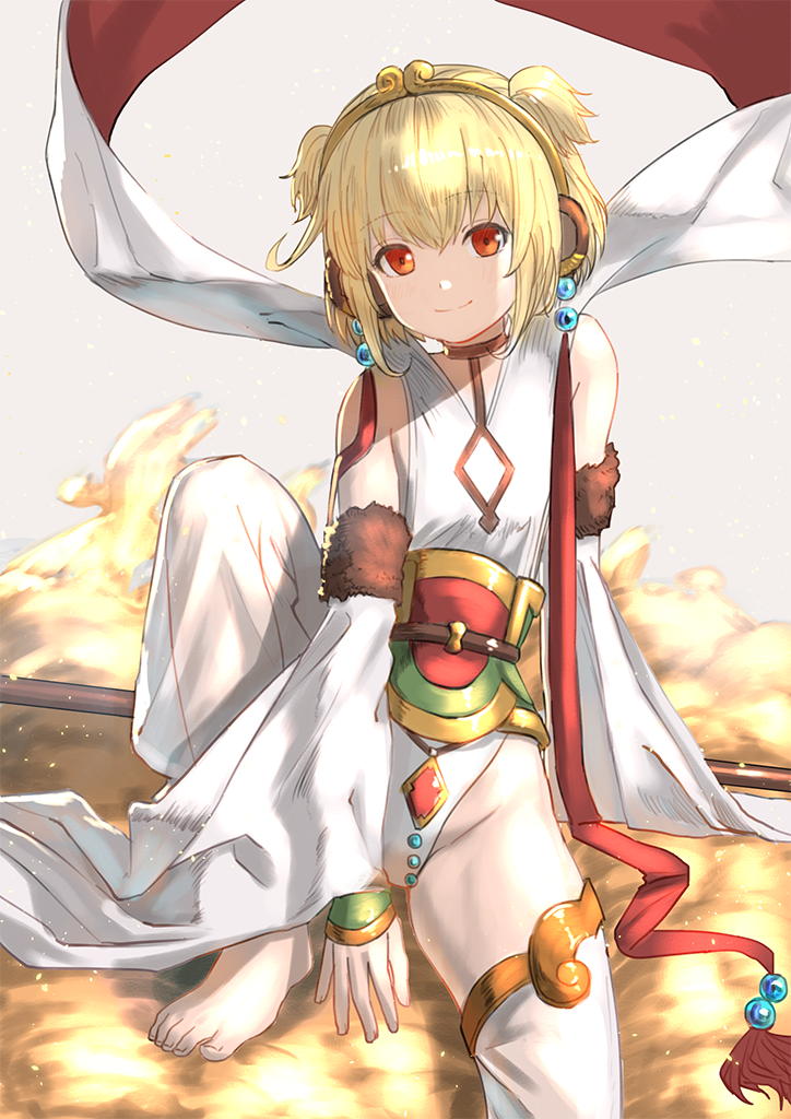 1girl anchira_(granblue_fantasy) animal_ears barefoot blonde_hair closed_mouth commentary_request detached_pants detached_sleeves dress earrings eyebrows_visible_through_hair fur_trim granblue_fantasy jewelry knee_up leotard looking_at_viewer monkey_ears red_eyes sash short_hair sitting smile solo toenails wasabi60 white_dress white_leotard