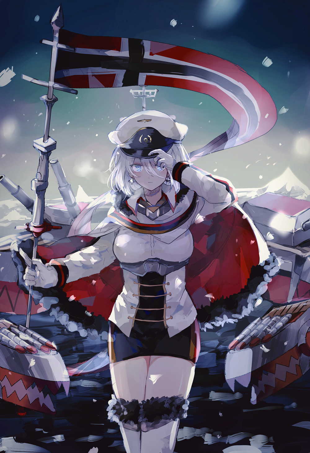 1girl azur_lane bangs banner blue_eyes blush breasts cape collared_jacket commentary cross cross_earrings earrings fur_trim gloves hair_between_eyes hand_on_headwear hat highres holding jacket jewelry looking_at_viewer machinery military military_uniform miniskirt mountain norwegian_flag outdoors peaked_cap pencil_skirt short_hair silver_hair skirt snow snowing solo thigh-highs tirpitz_(azur_lane) turret uniform white_cape white_gloves white_jacket white_legwear winter y_o_u_k_a