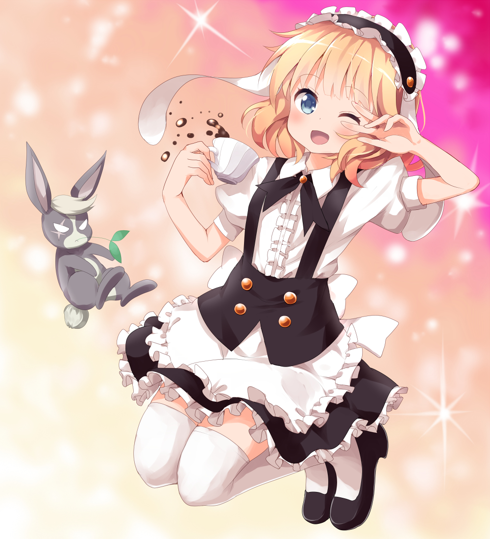 1girl ;d apron blonde_hair blue_eyes center_frills coffee coffee_cup fleur_de_lapin_uniform floppy_ears frilled_apron frilled_hairband frills full_body gochuumon_wa_usagi_desu_ka? hairband kirima_sharo looking_at_viewer one_eye_closed open_mouth puffy_short_sleeves puffy_sleeves rabbit ruu_(tksymkw) short_hair short_sleeves smile solo thigh-highs v_over_eye waist_apron waitress white_apron white_legwear wild_geese