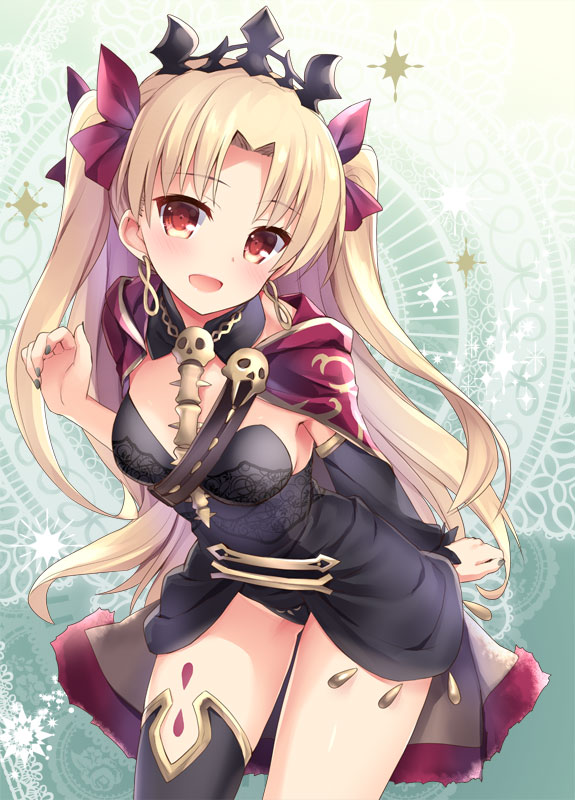 1girl :d bangs bankoku_ayuya black_legwear black_leotard black_nails blonde_hair blush breasts cape cowboy_shot earrings ereshkigal_(fate/grand_order) fate/grand_order fate_(series) gradient gradient_background green_background hair_ribbon halterneck head_tilt jewelry leaning_forward leotard long_hair long_sleeves looking_at_viewer medium_breasts nail_polish open_mouth parted_bangs red_cape red_eyes red_ribbon ribbon single_detached_sleeve single_thighhigh skull smile solo spine standing thigh-highs two_side_up