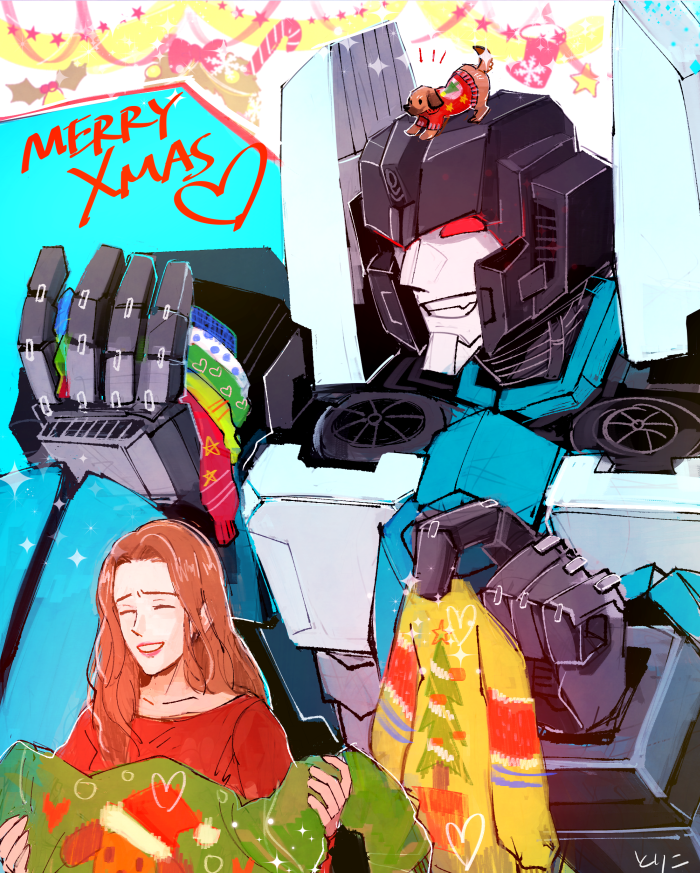 1boy 1girl 80s animal buster_(dog) character_request closed_eyes clothed_animal decepticon dog long_hair oldschool open_mouth pet red_eyes smile thundercracker toriko_(hogetara) transformers upper_body