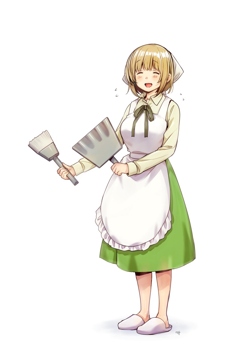 1girl :d apron blush closed_eyes collared_shirt commentary_request flying_sweatdrops full_body green_neckwear green_ribbon green_shirt green_skirt highres kawai_makoto long_sleeves neck_ribbon no_socks open_mouth original ribbon shirt short_hair signature simple_background skirt slippers smile solo standing white_apron white_background wing_collar