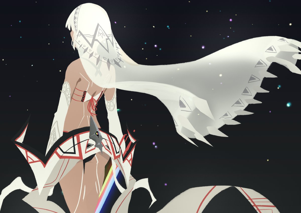 1girl altera_(fate) ass back bare_shoulders black_panties bra commentary cowboy_shot dark_skin detached_sleeves facing_away fate/grand_order fate_(series) from_behind holding holding_sword holding_weapon legs_together panties short_hair silver_hair solo standing sword tattoo truc_bui underwear veil weapon