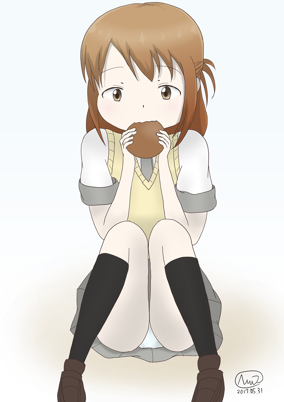 10s 1girl :3 brown_eyes brown_hair dorayaki eating food hesu holding looking_down pan_de_peace! panties pixiv school_uniform short_hair simple_background sitting solo tani_minami underwear white_background