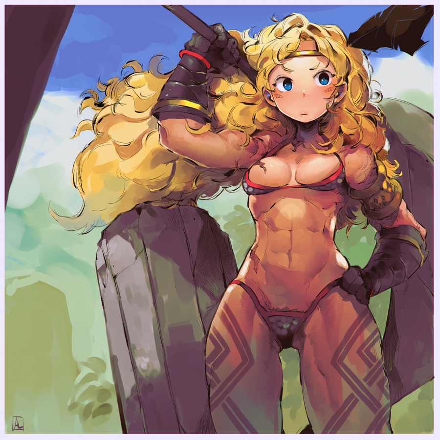 1girl abs amazon_(dragon's_crown) arm_up armor artist_request bangs bare_shoulders bikini_armor black_gloves blonde_hair blue_eyes blue_sky blush border bra breasts circle_cut closed_mouth cowboy_shot day dragon's_crown gloves grey_border hand_on_hip holding holding_weapon long_hair looking_at_viewer medium_breasts muscle muscular_female navel outdoors over_shoulder rock scale_armor signature sky solo source_request standing tattoo underwear weapon weapon_over_shoulder