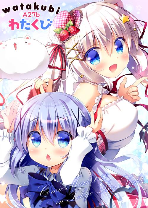 2girls :d blue_bow blue_eyes blue_hair blush bow breasts chestnut_mouth circle_name english eyebrows_visible_through_hair fang food food_themed_ornament fruit gochuumon_wa_usagi_desu_ka? hair_between_eyes hair_ornament hair_ribbon hat kafuu_chino large_breasts long_hair looking_at_viewer mini_hat mini_top_hat multiple_girls open_mouth original rabbit_house_uniform ribbon sasai_saji smile star star_hair_ornament strawberry tippy_(gochiusa) top_hat translation_request twintails white_hair x_hair_ornament