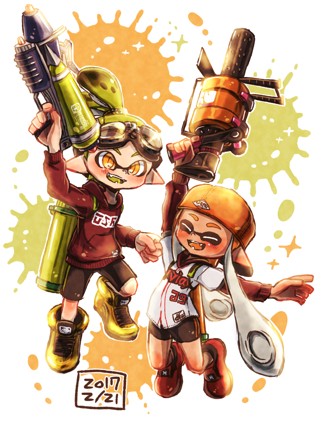 .96_gal_(splatoon) 1boy 1girl arm_up arms_up backwards_hat baseball_cap baseball_jersey bike_shorts black_shorts closed_eyes cross-laced_footwear dark_skin dated fangs goggles goggles_on_head green_hair green_tongue harutarou_(orion_3boshi) hat highres holding holding_weapon hood hoodie ink_tank_(splatoon) inkling jumping long_hair open_mouth orange_eyes orange_footwear orange_hair orange_hat orange_tongue paint_splatter pointy_ears red_footwear red_shirt scrunchie shirt shoes short_hair short_over_long_sleeves short_shorts shorts single_vertical_stripe smile splatoon splattershot_pro_(splatoon) weapon white_shirt