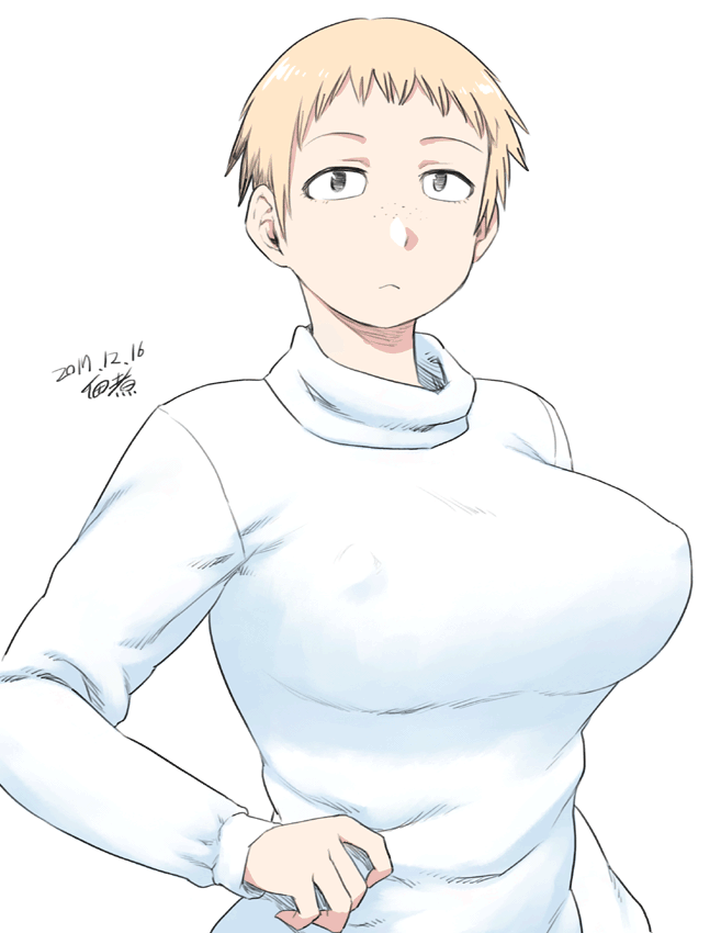 1girl blonde_hair breasts closed_mouth dated erect_nipples freckles grey_eyes large_breasts long_sleeves looking_at_viewer original sanpaku short_hair signature simple_background solo sweater tsukudani_(coke-buta) upper_body white_background white_sweater