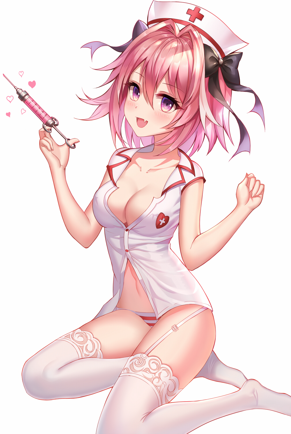 1girl :d aaeru alternate_hairstyle astolfo_(fate) black_bow black_ribbon blush bow breasts cleavage commentary_request fang fate/apocrypha fate_(series) garter_belt genderswap genderswap_(mtf) hair_bow hair_ribbon hat heart highres looking_at_viewer medium_breasts navel nurse nurse_cap open_mouth panties pink_hair ribbon short_hair simple_background smile solo striped striped_panties syringe thigh-highs underwear violet_eyes white_background white_legwear