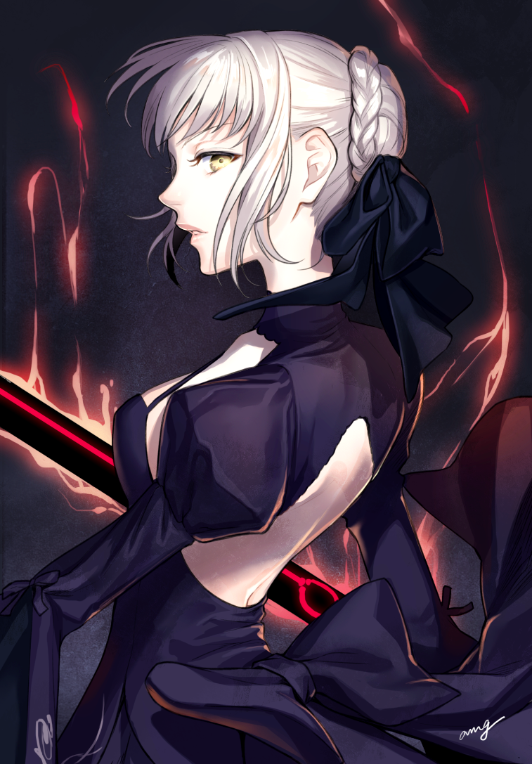 1girl amg_(nwmnmllf) artoria_pendragon_(all) black_dress black_ribbon breasts dark_excalibur dress fate/grand_order fate_(series) from_behind hair_bun hair_ribbon holding holding_sword holding_weapon lips long_sleeves looking_at_viewer looking_back medium_breasts open-back_dress parted_lips profile ribbon saber_alter signature silver_hair solo standing sword upper_body weapon yellow_eyes