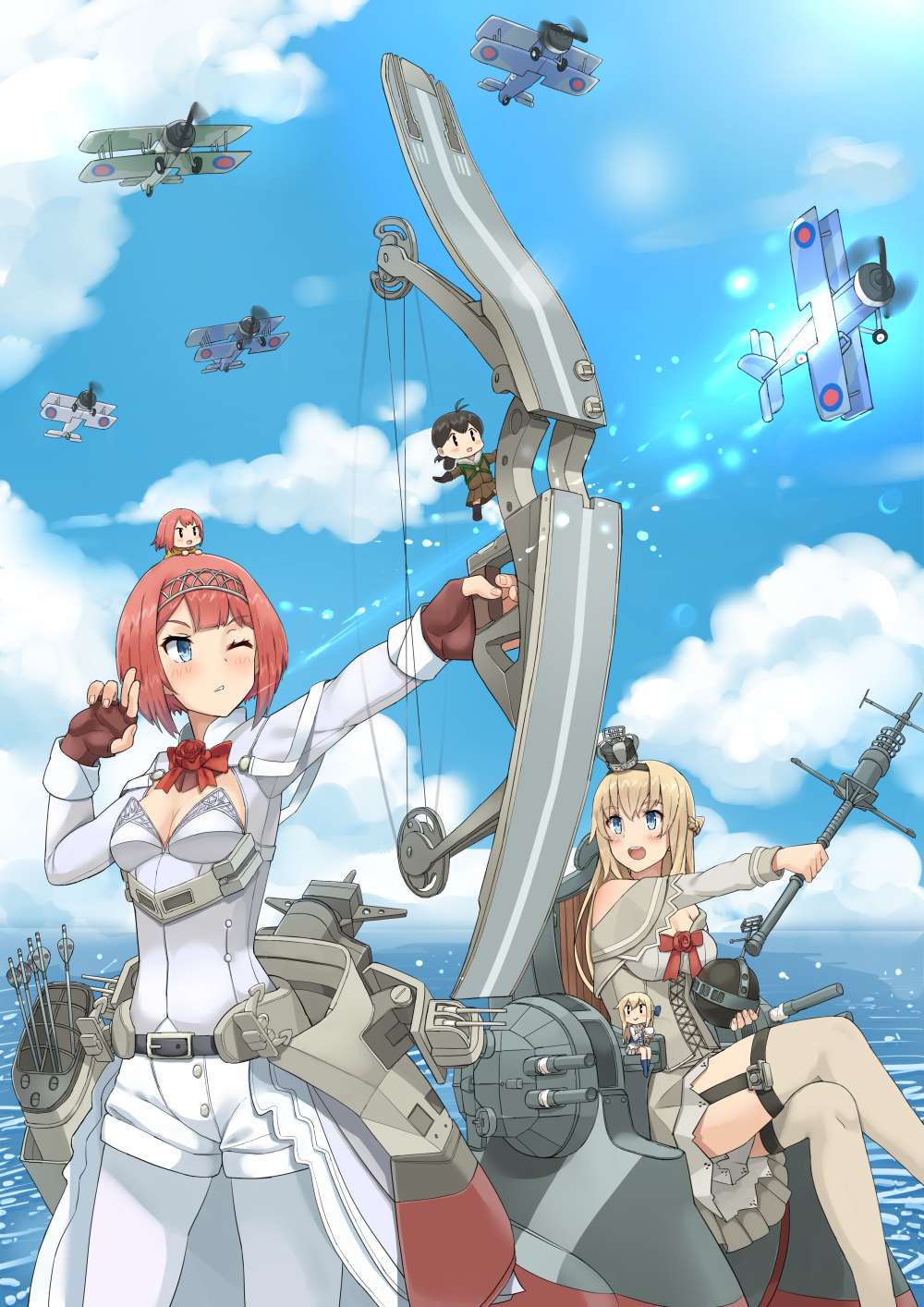 6+girls aircraft airplane ark_royal_(kantai_collection) arrow bangs bare_shoulders biplane blonde_hair blue_eyes blunt_bangs bob_cut bow_(weapon) braid brown_gloves cannon cleavage_cutout clouds corset crown day dress fairy_(kantai_collection) fingerless_gloves flight_deck flower french_braid garter_straps globus_cruciger gloves highres holding holding_bow_(weapon) holding_weapon jewelry kantai_collection legs_crossed long_hair long_sleeves machinery mini_crown minigirl multiple_girls necklace ocean off-shoulder_dress off_shoulder one_eye_closed outdoors pantyhose quiver red_ribbon red_rose redhead ribbon rigging rose scepter short_hair shorts size_difference sky soil_chopsticks thigh-highs throne tiara turret warspite_(kantai_collection) weapon white_corset white_dress white_legwear white_shorts
