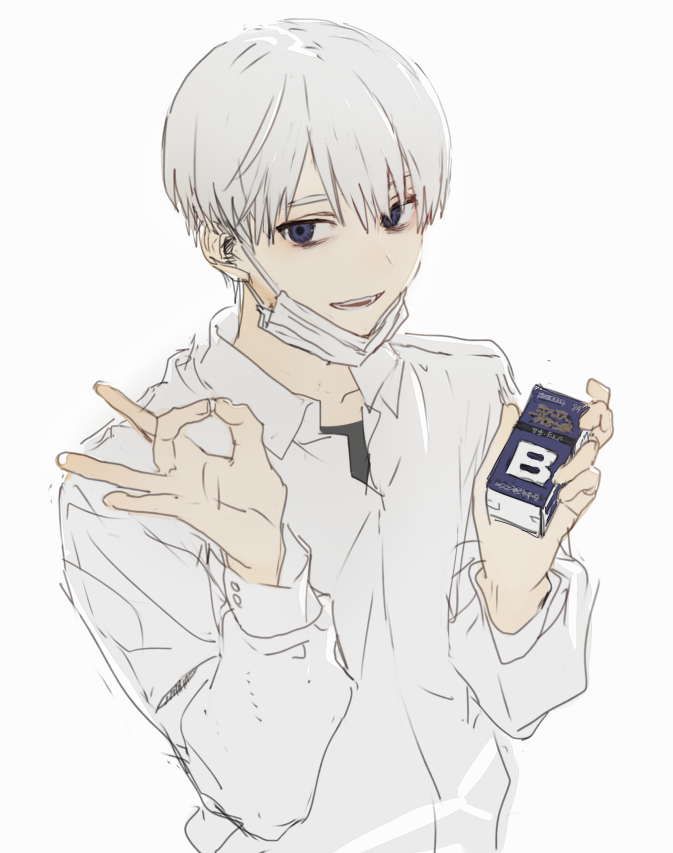1boy :d bags_under_eyes blue_eyes cigarette_box face_mask grey_background hands_up hirota_tsuu holding long_sleeves looking_at_viewer male_focus mask ok_sign open_mouth original silver_hair simple_background sketch smile solo surgical_mask upper_body