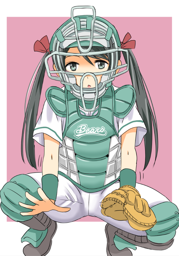 1girl baseball_glove baseball_uniform hair_ribbon kantai_collection looking_at_viewer mikuma_(kantai_collection) ribbon solo sportswear squatting taishi_(moriverine) twintails