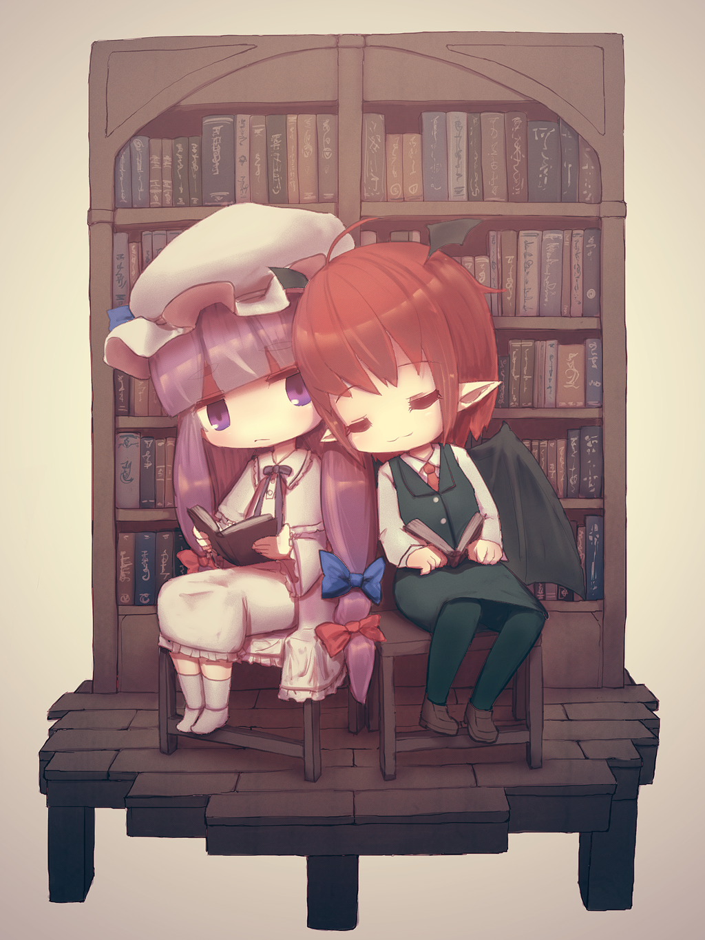 2girls :&lt; :3 ahoge alternate_hair_length alternate_hairstyle bangs bat_wings black_legwear blunt_bangs book bookshelf capelet chair chibi closed_eyes collared_shirt dress dress_shirt eyebrows_visible_through_hair full_body hair_ribbon hat head_wings highres holding holding_book koakuma leaning_on_person loafers long_hair long_sleeves looking_at_viewer mob_cap multiple_girls necktie open_book pantyhose patchouli_knowledge pointy_ears purple_hair red_neckwear redhead ribbon shirt shoes short_hair simple_background sitting skirt skirt_set slippers tekina_(chmr) touhou tress_ribbon very_long_hair violet_eyes white_shirt wings yellow_background