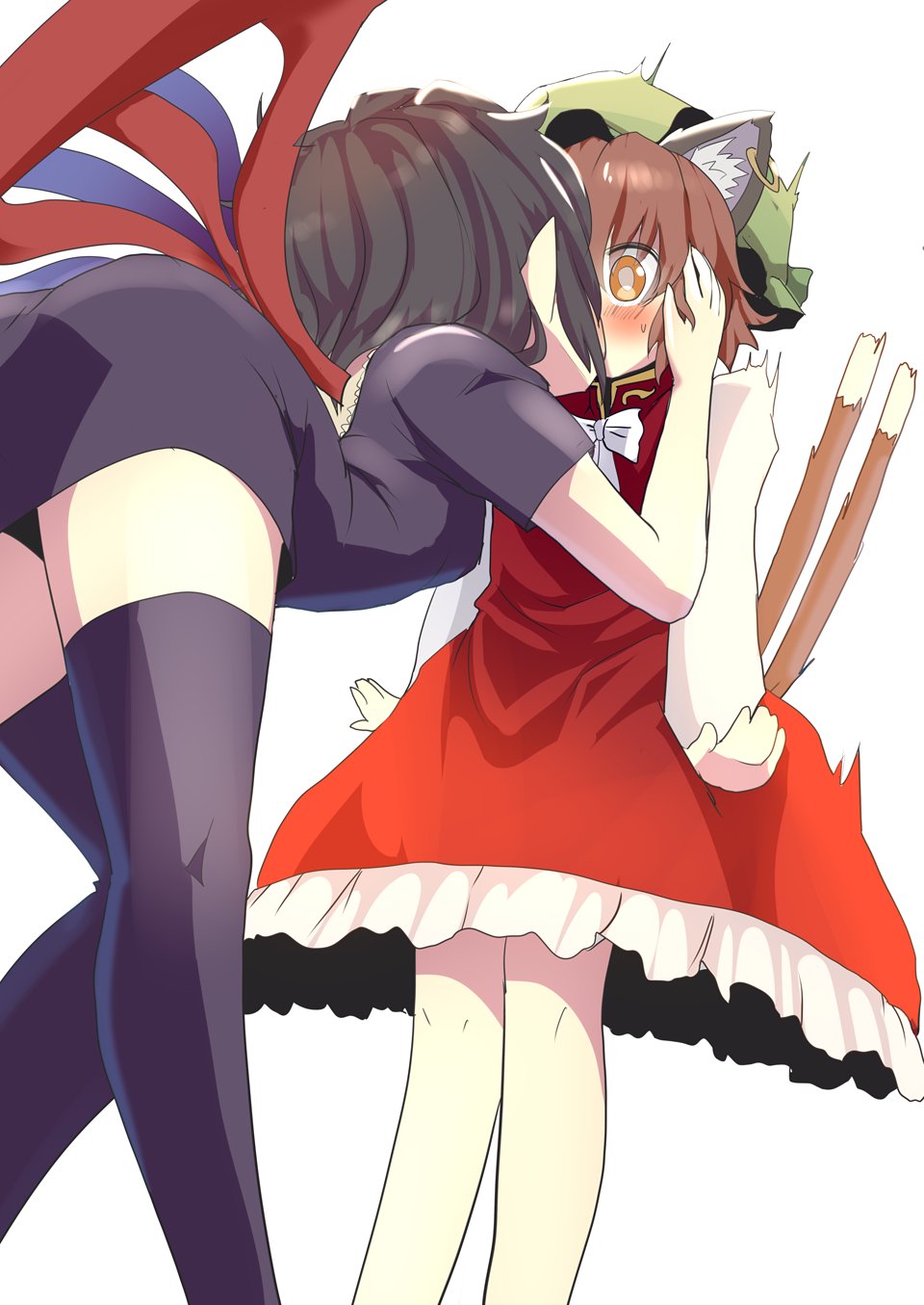 2girls animal_ears ass asymmetrical_wings black_dress black_hair black_legwear cat_ears cat_tail chen commentary_request dress hat highres houjuu_nue ishikkoro jewelry kiss leaning_forward long_sleeves mob_cap multiple_girls multiple_tails pointy_ears red_dress short_dress single_earring surprised tail thigh-highs touhou two_tails wings yuri