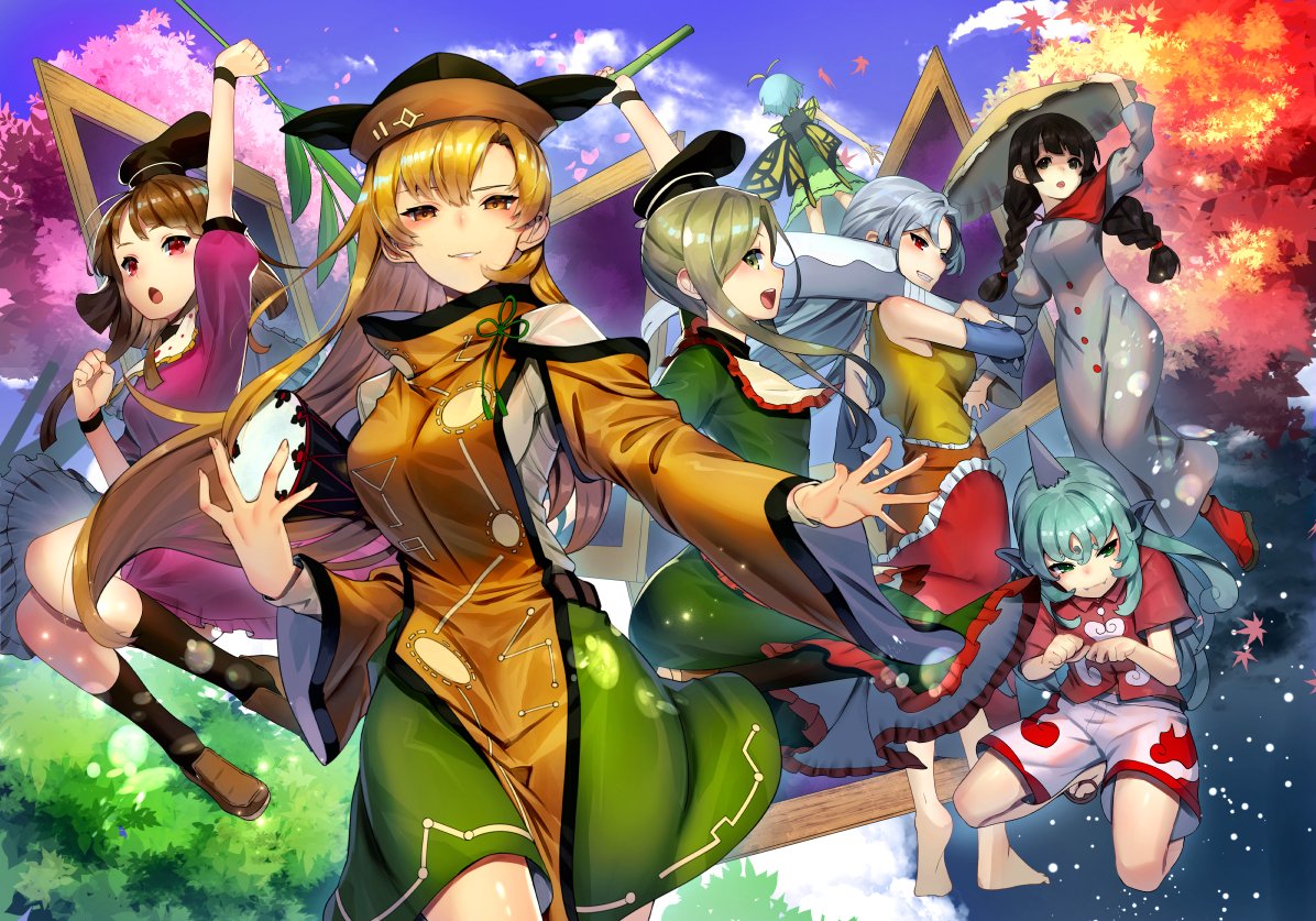 6+girls ajirogasa animal_ears antennae aqua_hair arm_up autumn barefoot bib black_eyes black_hair black_hat black_legwear blonde_hair blue_hair braid breasts brown_footwear brown_hair butterfly_wings buttons cherry_blossoms clouds day door dress eternity_larva fingernails green_dress green_eyes green_hair green_skirt grey_dress grin hat hatchet hidden_star_in_four_seasons holding horn kneeling komano_aun large_breasts long_hair matara_okina multicolored multicolored_clothes multicolored_dress multiple_girls nishida_satono oriental_hatchet outdoors paw_pose pink_dress red_eyes red_shirt sakata_nemuno seasons shirt shoes short_hair shorts sidelocks silver_hair skirt smile spring_(season) sukocchi summer tabard teeth teireida_mai touhou twin_braids very_long_hair white_shorts wide_sleeves wings winter yatadera_narumi yellow_eyes