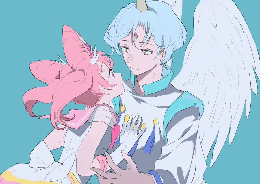 1boy 1girl back_bow bangs bishoujo_senshi_sailor_moon blue_background blue_hair bow chibi_usa closed_mouth commentary_request copyright_request double_bun earrings eye_contact eyebrows_visible_through_hair facial_mark feathered_wings forehead_mark gloves grey_eyes hands_on_another's_chest horn jacket jewelry light_smile long_sleeves looking_at_another lowe_(slow) pink_eyes pink_hair sailor_chibi_moon sailor_senshi_uniform simple_background smile super_sailor_chibi_moon white_gloves wings