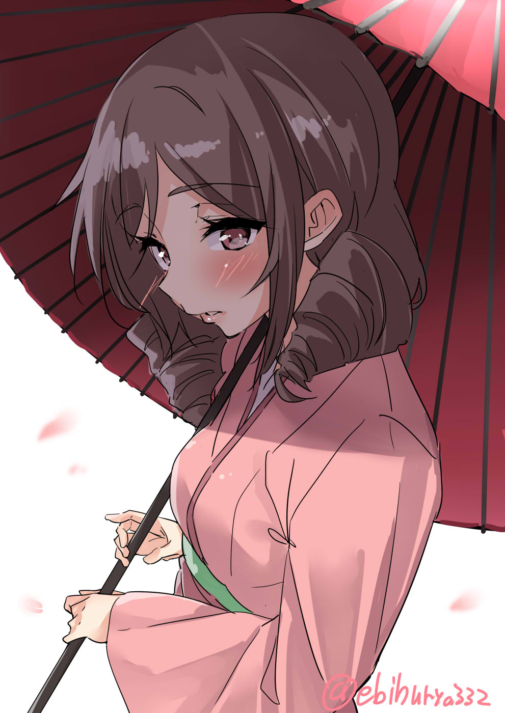 1girl bangs blush brown_eyes brown_hair drill_hair ebifurya eyebrows_visible_through_hair harukaze_(kantai_collection) highres holding kantai_collection long_sleeves looking_at_viewer oriental_umbrella parted_lips side_drill simple_background solo twin_drills twitter_username umbrella upper_body white_background