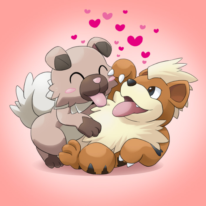 :p ^_^ ^o^ blush_stickers claws closed_eyes dog fang full_body gradient gradient_background growlithe happy heart lying mameshiba no_humans on_back pink_background pokemon pokemon_(creature) rockruff tongue tongue_out