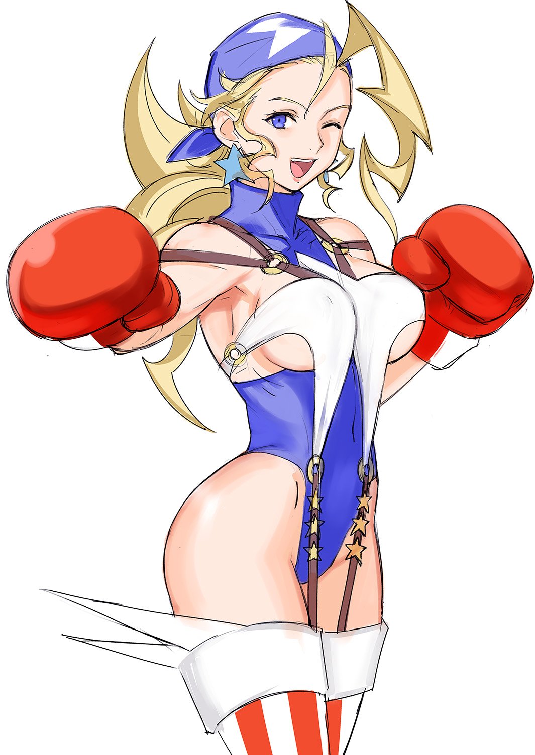 1girl :d bandanna bangs bare_shoulders blonde_hair blue_eyes blue_leotard boxing_gloves breasts commentary_request covered_navel earrings highleg highleg_leotard highres jewelry large_breasts legs_together leotard long_hair o-ring one_eye_closed open_mouth rival_schools simple_background smile solo standing star star_earrings suspenders tetsu_(kimuchi) thigh-highs tiffany_lords white_background