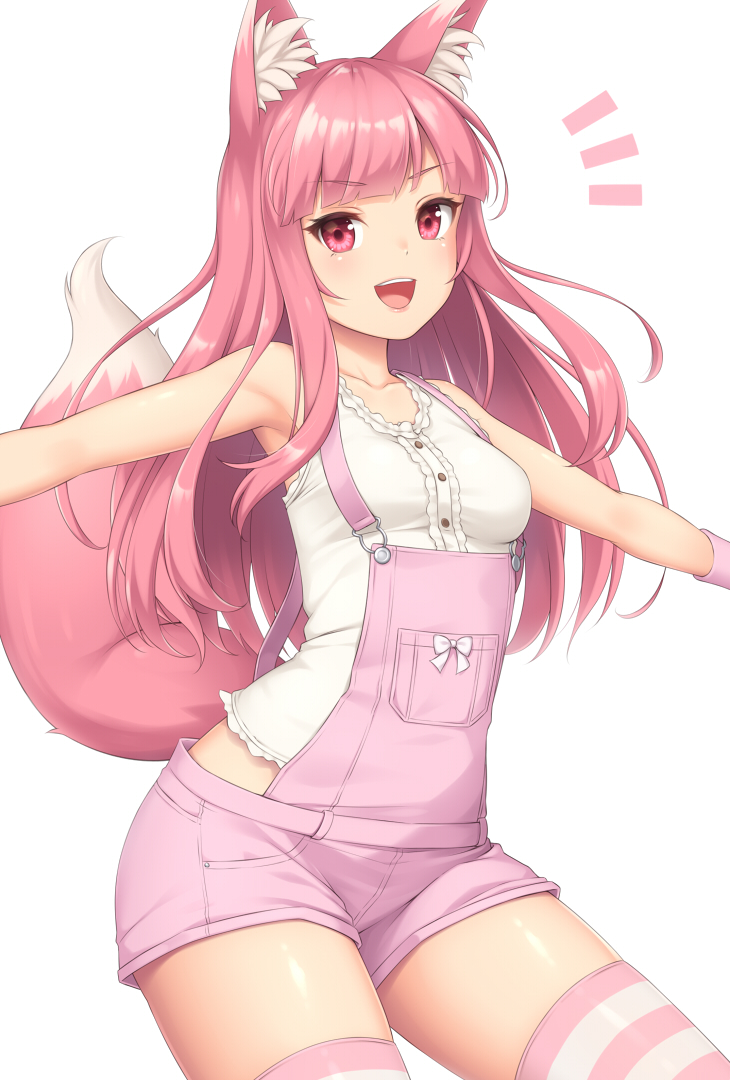 1girl :d animal_ears bangs blush breasts collarbone eyebrows_visible_through_hair fox_ears long_hair looking_at_viewer open_mouth original pink_hair sasaame sleeveless smile solo thigh-highs upper_body white_background zettai_ryouiki
