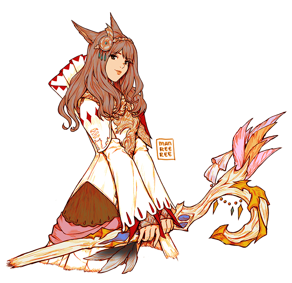1girl animal_ears blue_eyes brown_hair cat_ears circlet commission final_fantasy final_fantasy_xiv holding holding_staff lips long_hair looking_at_viewer miqo'te profile reema_and signature simple_background slit_pupils smile staff white_background white_mage