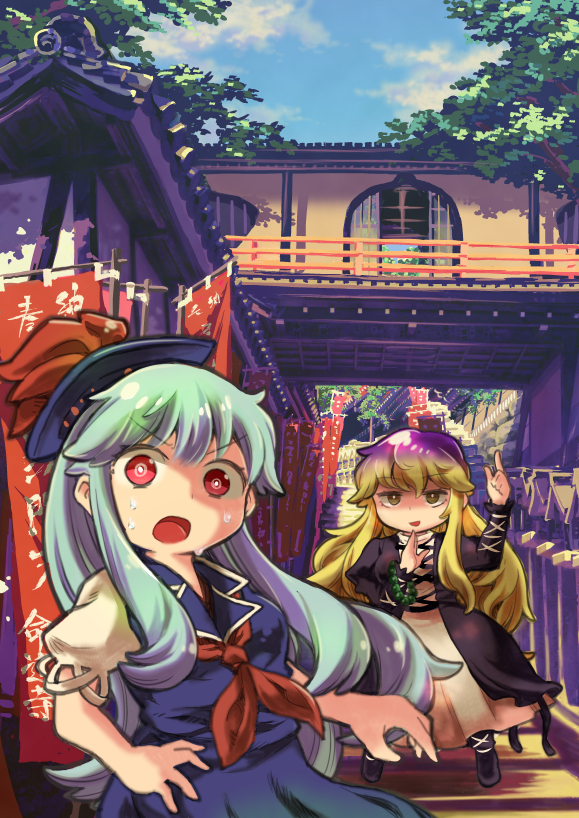 2girls beads blonde_hair blue_hair brown_eyes brown_hair commentary_request cross-laced_clothes cross-laced_footwear dress gradient_hair hat hijiri_byakuren jiageya_(atojian_keikaku) kamishirasawa_keine multicolored_hair multiple_girls red_eyes sky sweat temple touhou tree wavy_hair