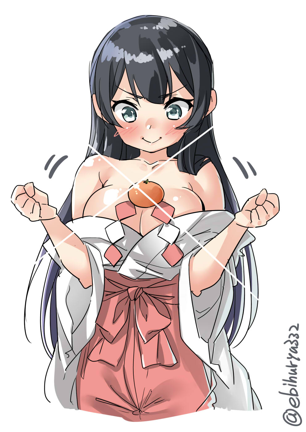 1girl agano_(kantai_collection) bangs bare_shoulders black_hair blue_eyes blush breasts character_request cleavage clenched_hands closed_mouth ebifurya eyebrows_visible_through_hair food fruit highres kantai_collection long_hair mandarin_orange medium_breasts motion_lines off_shoulder shide simple_background smile solo twitter_username upper_body white_background wide_sleeves