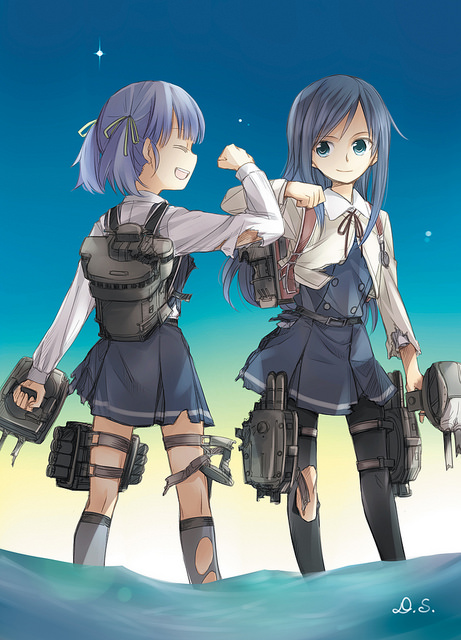 2girls asashio_(kantai_collection) belt black_hair black_legwear blue_eyes blue_hair buttons cannon closed_eyes damaged dress ds_(ndsl) kantai_collection long_hair long_sleeves machinery multiple_girls neck_ribbon ocean ooshio_(kantai_collection) pantyhose pinafore_dress pleated_skirt red_ribbon remodel_(kantai_collection) ribbon school_uniform shirt short_twintails skirt smile smokestack torn_clothes torpedo torpedo_tubes turret twintails walter white_shirt