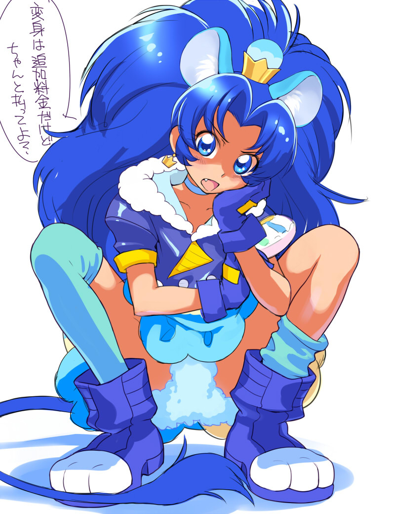 1girl animal_ears blue_eyes blue_footwear blue_gloves blue_hair blue_legwear boots choker cure_gelato earrings extra_ears fang gloves jewelry kikurage_(crayon_arts) kirakira_precure_a_la_mode lion_ears lion_tail long_hair looking_at_viewer magical_girl open_mouth precure simple_background single_thighhigh solo speech_bubble squatting tail tategami_aoi thigh-highs translation_request white_background