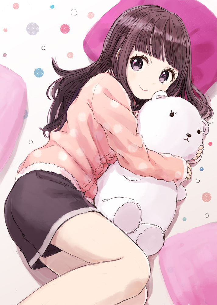 1girl bangs black_shorts blush brown_hair closed_mouth commentary_request fur-trimmed_shirt fur_trim long_hair long_sleeves looking_at_viewer looking_to_the_side lying nasuna object_hug on_side original pillow pink_shirt polka_dot polka_dot_shirt shirt short_shorts shorts sleeves_past_wrists smile solo stuffed_animal stuffed_toy tareme teddy_bear violet_eyes