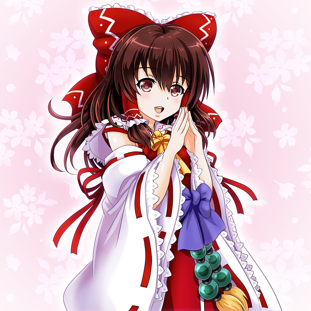 1girl ascot bow brown_hair commentary_request detached_sleeves gohei hair_between_eyes hair_bow hair_tubes hakurei_reimu looking_at_viewer ofuda open_mouth red_bow ribbon ribbon-trimmed_sleeves ribbon_trim sarashi skirt skirt_set solo tk8d32 touhou wide_sleeves
