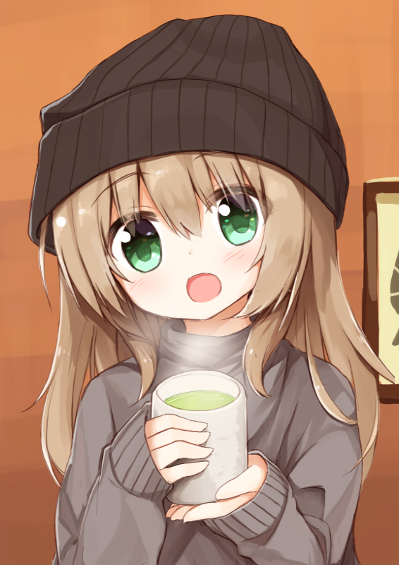 1girl :d bangs beanie black_hat blush cup eyebrows_visible_through_hair fingernails green_eyes green_tea grey_sweater hair_between_eyes hat head_tilt holding holding_cup indoors light_brown_hair long_hair long_sleeves looking_at_viewer open_mouth original picture_frame sleeves_past_wrists smile solo steam tea yuuhagi_(amaretto-no-natsu)