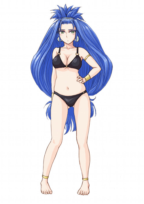1girl big_hair blue_hair bracelet breasts chrono_trigger cleavage earrings jewelry long_hair queen_zeal s-a-murai solo swimsuit