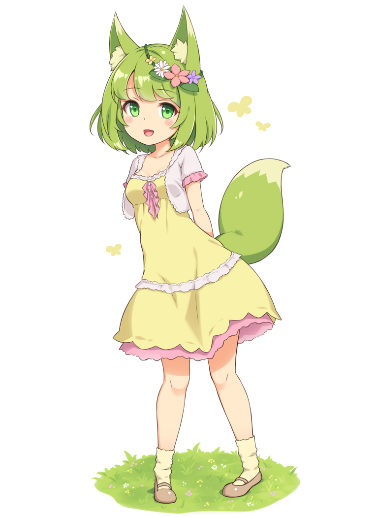 1girl :d animal_ears arm_behind_back bangs blunt_bangs blush breasts butterfly dress eyebrows_visible_through_hair fox_ears fox_girl fox_tail frilled_dress frilled_sleeves frills full_body grass green_eyes green_hair head_wreath looking_at_viewer mary_janes open_mouth original sasaame shoes short_dress short_sleeves simple_background small_breasts smile socks solo standing tail white_background yellow_dress