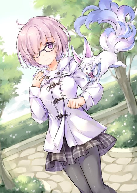 1girl arm_at_side bangs black_skirt blush bush closed_mouth duffel_coat fate/grand_order fate_(series) fou_(fate/grand_order) garden glasses hands_up jacket long_sleeves looking_at_viewer mash_kyrielight outdoors pantyhose pink_hair plaid plaid_skirt short_hair skirt smile tree violet_eyes wataame27 white_jacket