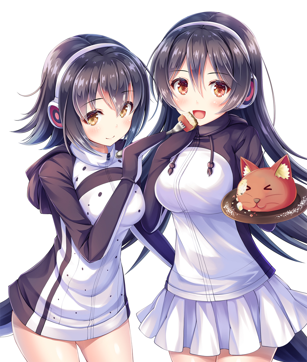 2girls :d akashio_(loli_ace) bangs bird_tail black_hair blush breasts brown_eyes closed_mouth commentary_request contrapposto cowboy_shot eating eyebrows_visible_through_hair fork gentoo_penguin_(kemono_friends) gloves headphones highres hood hood_down hoodie humboldt_penguin_(kemono_friends) kemono_friends large_breasts long_hair long_sleeves looking_at_viewer multiple_girls open_mouth penguin_tail pleated_skirt short_hair simple_background skirt smile standing tail tray white_background white_skirt