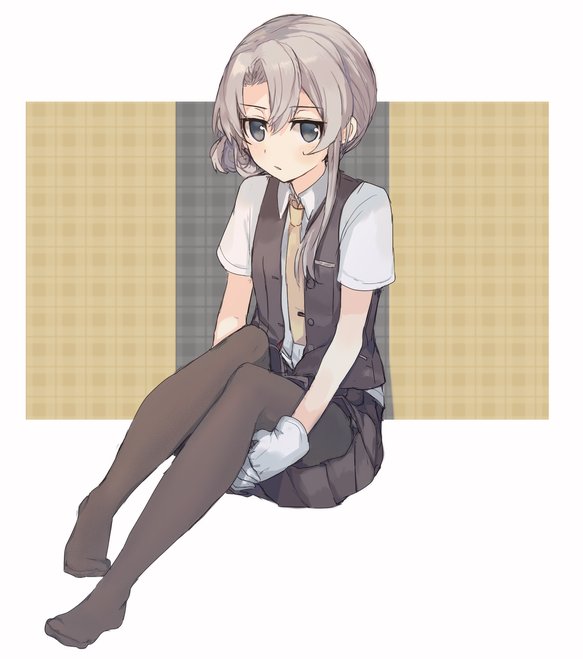 1girl asymmetrical_hair bangs black_legwear black_skirt black_vest blush closed_mouth collared_shirt commentary_request eyebrows_visible_through_hair full_body gloves grey_eyes hair_between_eyes kantai_collection long_hair looking_at_viewer necktie no_shoes nowaki_(kantai_collection) pantyhose pleated_skirt shirt short_sleeves silver_hair sitting skirt solo vest white_gloves white_shirt yellow_neckwear zp_hn02