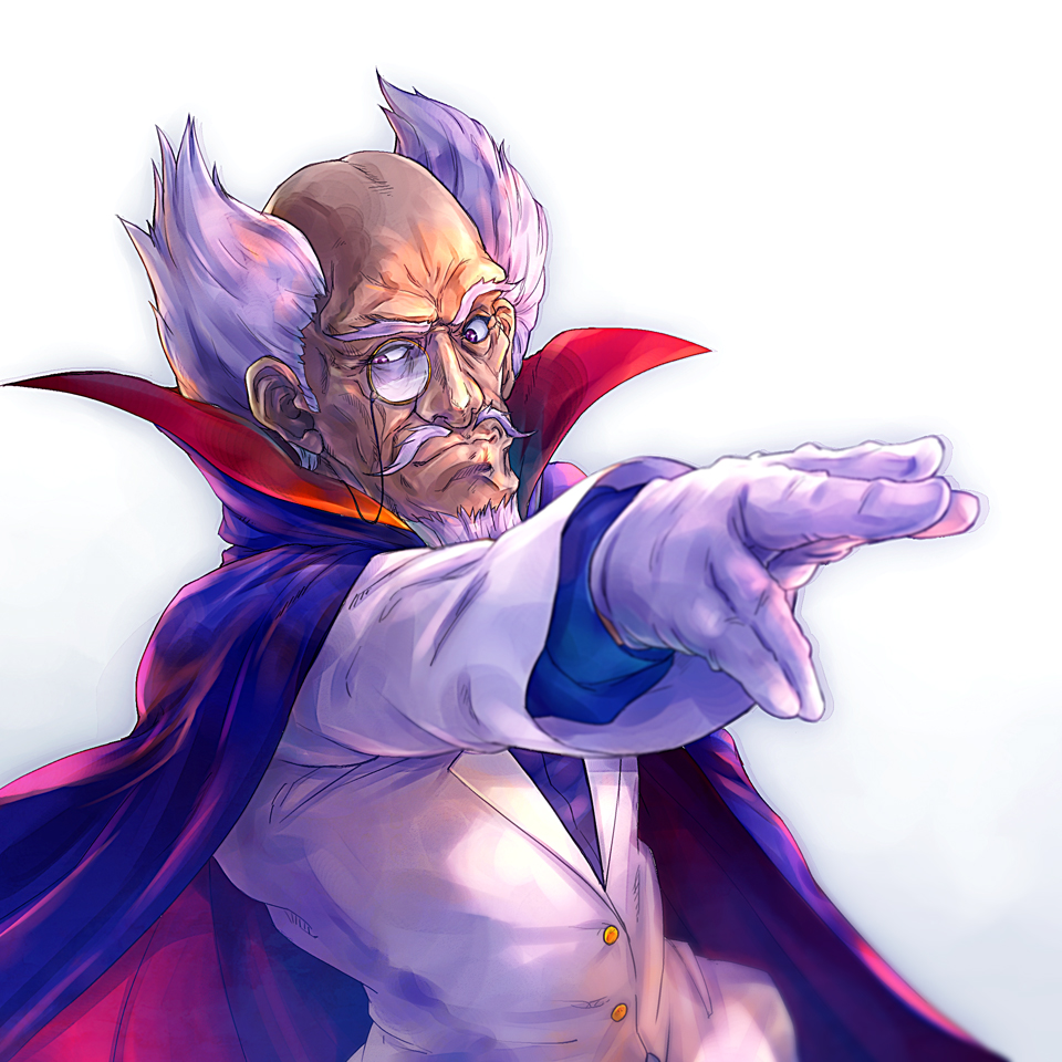 1boy beard black_cape brown_eyes cape doctor_waruman facial_hair gloves male_focus monocle mustache old_man pointing pointing_at_viewer solo tamago_tomato twinbee white_gloves white_hair