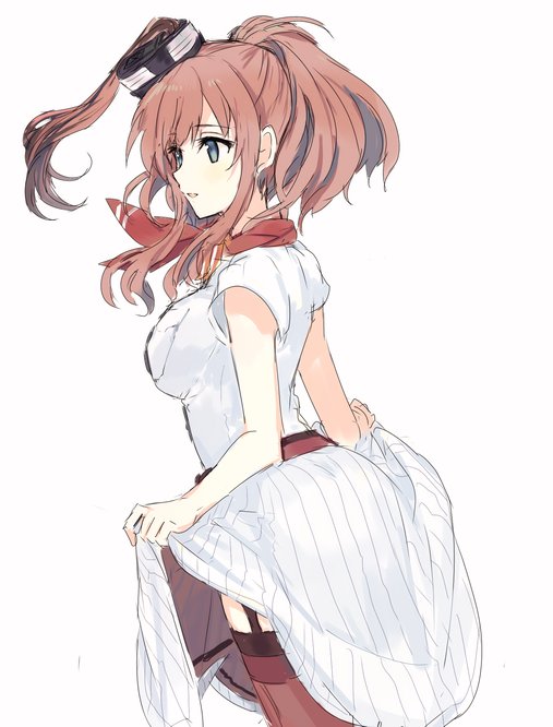 1girl blouse blue_eyes breast_pocket breasts brown_hair dress dress_lift garter_belt kantai_collection large_breasts long_hair looking_to_the_side neckerchief parted_lips pocket ponytail red_belt red_legwear red_neckwear saratoga_(kantai_collection) side_ponytail simple_background smokestack_hair_ornament solo thigh-highs upper_body white_background white_blouse white_dress zp_hn02