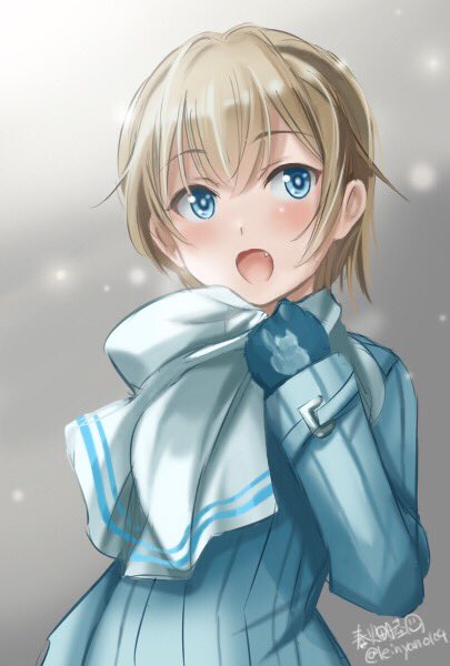 1girl :d artist_name bangs blonde_hair blue_coat blue_eyes blue_gloves brave_witches eyebrows_visible_through_hair fang from_side gloves haruhata_mutsuki long_sleeves looking_at_viewer looking_back military military_uniform nikka_edvardine_katajainen open_mouth scarf short_hair signature smile snow solo standing striped twitter_username uniform upper_body vertical_stripes white_scarf world_witches_series