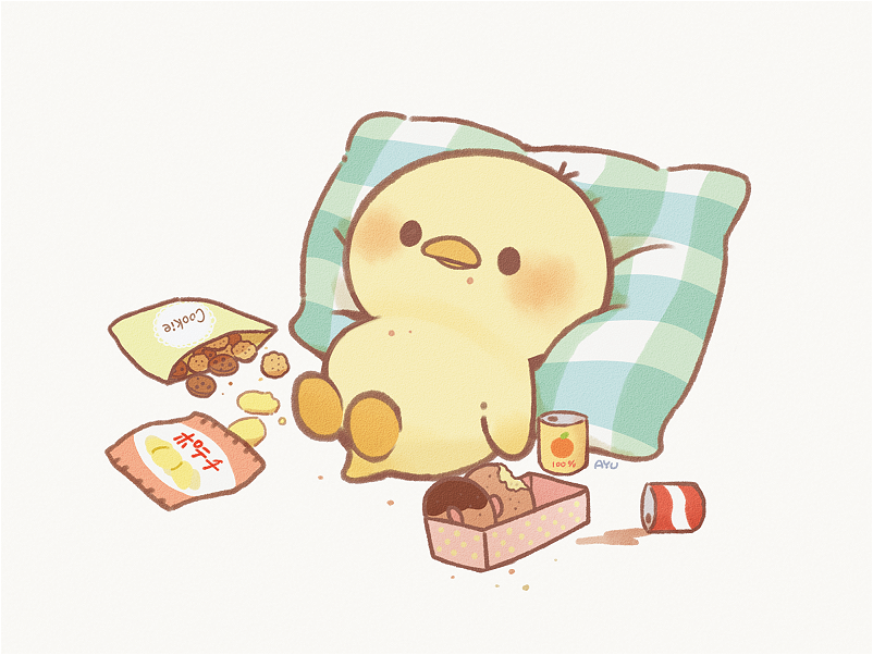 artist_name ayu_(mog) beak bird black_border blush border can chips coca-cola commentary_request cookie doughnut duck food food_in_mouth grey_background looking_at_viewer orange_juice original pillow potato_chips reclining simple_background solo