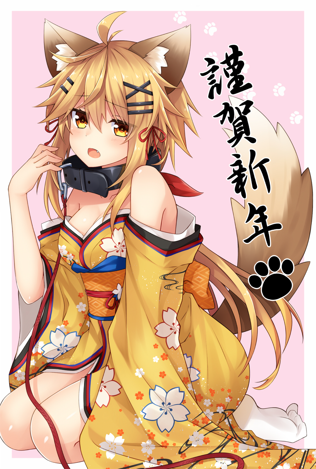 1girl animal_ears bangs bare_shoulders black_collar blonde_hair blush breasts brown_eyes cleavage collar collarbone commentary_request dog_collar dog_ears dog_girl dog_tail eyebrows_visible_through_hair fang floral_print full_body hair_between_eyes hair_ornament hair_ribbon hairclip happy_new_year highres japanese_clothes kimono komori_kuzuyu leash long_hair looking_at_viewer looking_to_the_side medium_breasts new_year no_shoes off_shoulder open_mouth original print_kimono red_ribbon ribbon seiza sidelocks sitting socks solo tail translated very_long_hair white_legwear x_hair_ornament yellow_kimono