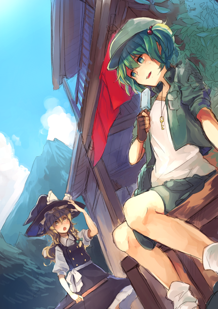 2girls aqua_eyes aqua_hair architecture blonde_hair blue_eyes blue_hair blue_sky braid east_asian_architecture fingerless_gloves food gensou_aporo gloves hat jacket kawashiro_nitori key_necklace kirisame_marisa long_hair mountain multiple_girls outdoors popsicle short_hair sitting skirt sky sweat touhou twintails witch_hat yellow_eyes